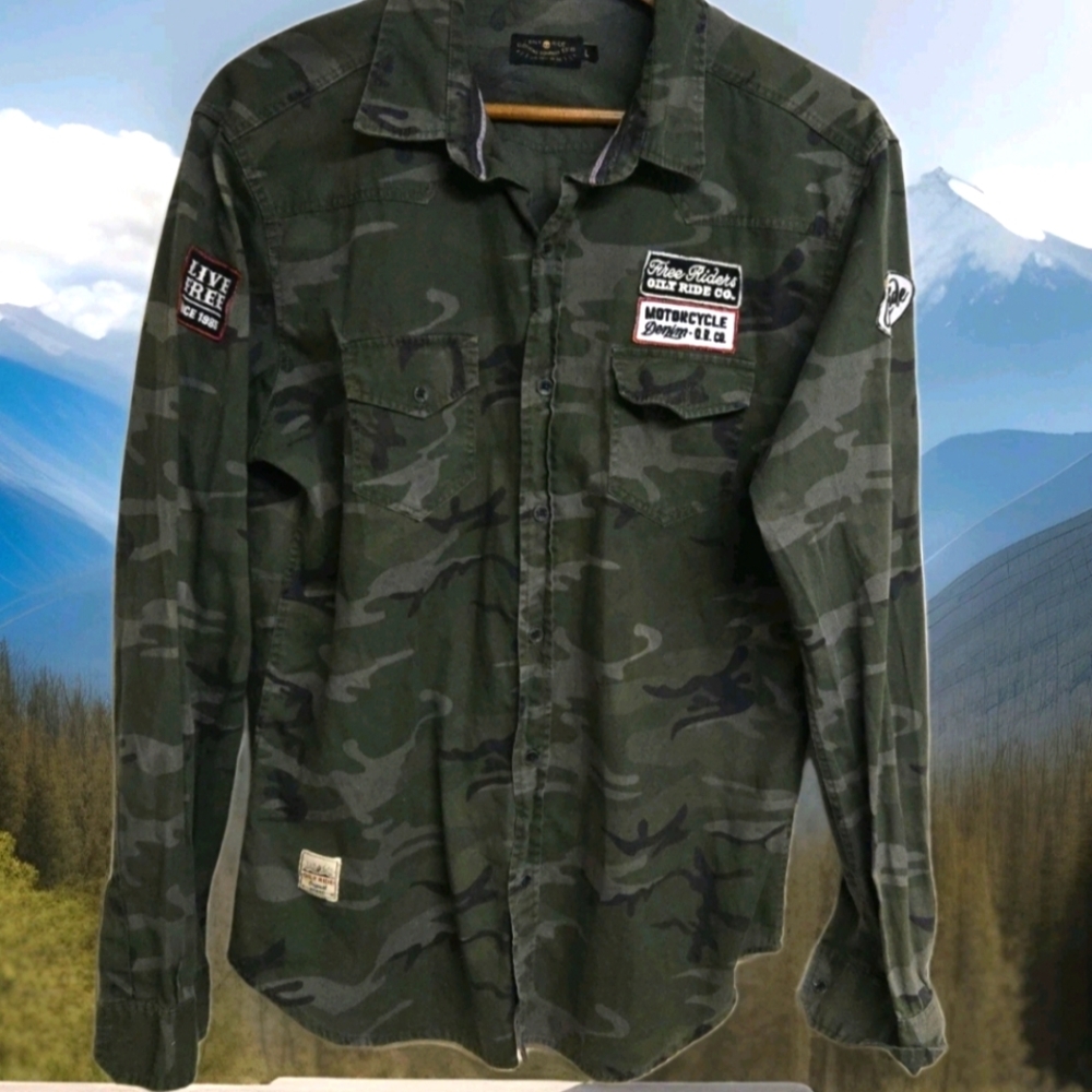 Oily Ride Co. Men's Jacket Large Green Camouflage Motorcycle Denim Live Outdoor